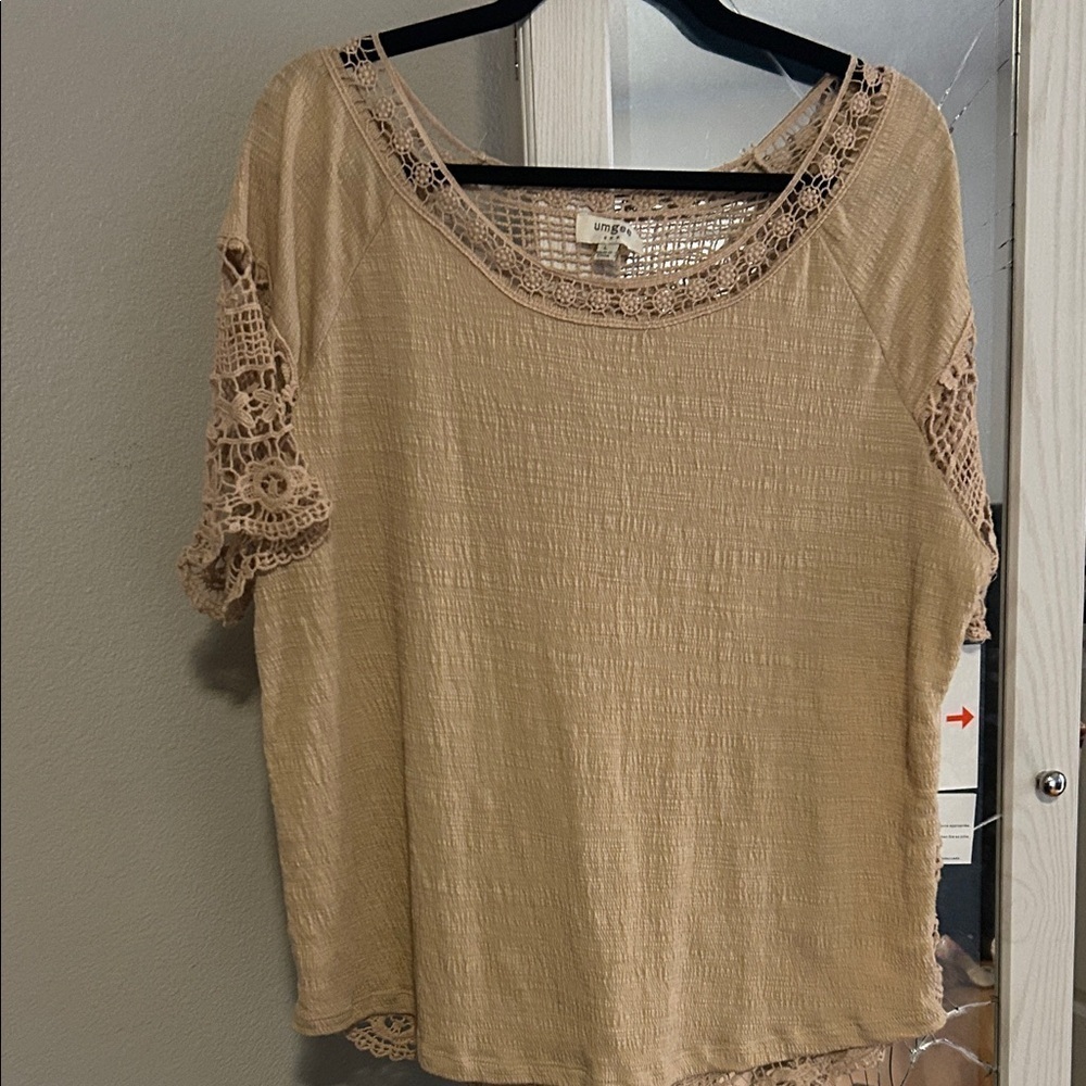 Umgee Tan Blouse with Lace Accents